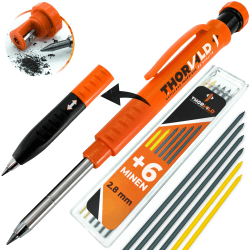 THORVALD Robuster Tieflochmarker Bleistift [+ 7 Minen + Spitzer + Schreibgriff] Set - Zimmermannsbleistift Dicke -Bohrlochmarker Druckbleistift Handwerker Holz Metall Beton Bau Baustelle 1 Bleistift + 7 Ersatzminen