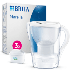 BRITA Wasserfilter-Kanne Marella weiß (2,4l) inkl. 3x MAXTRA PRO All-in-1 Kartuschen – Kanne mit Wasserfilter reduziert Kalk, Chlor, Blei, Kupfer & geschmacksstörenden Stoffen im Leitungswasser