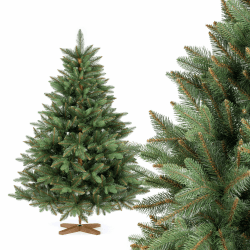 FAIRYTREES Weihnachtsbaum künstlich, Nordmanntanne Premium 150 cm, Naturgetreue Spritzguss Elemente, Made in EU, Künstlicher Weihnachtsbaum mit handgefertigtem Ständer aus Eschenholz 150 cm Nordmanntanne Premium