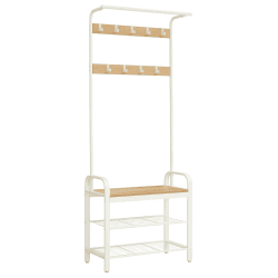 VASAGLE Kleiderständer, Garderobe, Eingangsmöbel mit Schuhregal, 3 Ebenen, mit abnehmbaren Haken, Höhe 183 cm, Rahmen aus Metall, Holzfarben und Creme HSR40W 33,7T x 72B cm Farbe: Holz + Creme