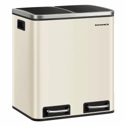 SONGMICS Küchenmülleimer, 2 x 15 l, Doppeleimer für Recycling und Abfall, Treteimer mit zwei Fächern, Inneneimer, Soft-Close-Deckel für kleine Familien, Stahl, Sandbeige und Tintenschwarz LTB30A02 Sandbeige + Tintenschwarz