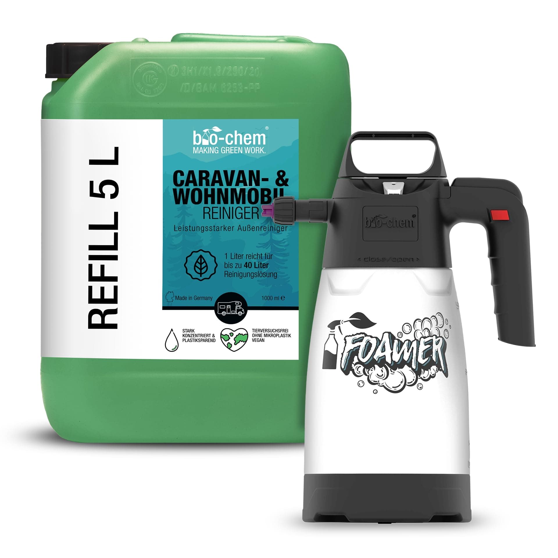 bio-chem Caravan- und Wohnmobil-Reiniger - Extra Starkes Konzentrat - 5000 ml + Schaumsprüher - Reiniger für Wohnmobile, Wohnwagen, Vorzelte, Regenstreifenentferner - Made in DE 7) 5 l inkl. Schaumsprüher