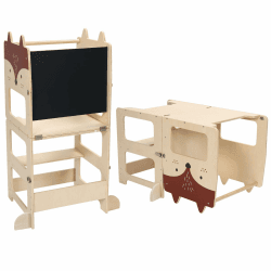 labebe Lernturm ab 1 Jahr（92 * 38.5 * 42cm）， klappbar Montessori Learning Tower，3 in 1 Montessori Lernturm Kinder mit Message Boards ab 1 Jahr aus Holzwerkstoff Fuchs