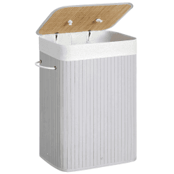 SONGMICS Wäschekorb mit Deckel, 72 L, Wäschekorb aus Bambus, faltbar, mit abnehmbarem waschbarem Beutel, Griffen, für Waschküche, Schlafzimmer, Grau LCB010G01