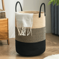 YOUDENOVA Wäschekorb Geflochten Wäschesammler Spielzeug Aufbewahrung Aufbewahrungskorb mit Griff Handarbeit Aus Baumwolle Z-Braun Schwarz 38cm(D)x50cm(H) Z-braun Schwarz