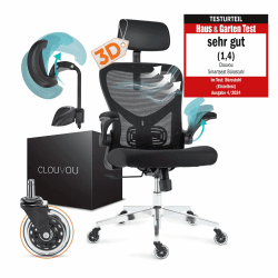 CLOUVOU SmartSeat Bürostuhl Ergonomisch | Schreibtischstuhl [3D PU Leder Kopfstütze, Blade Wheels, Chrom-Metall] | Büro Stuhl, Computerstuhl Home Office Chair Ergonomic, Drehstuhl 150 kg Smartseat (Schwarz)