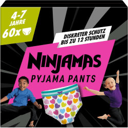 Pampers Ninjamas Nachthöschen, Höschenwindeln MONATSBOX, für Mädchen (4-7 Jahre, 17-30kg), 60 Pyjama Höschen, absorbierende Windelhöschen, Auslaufschutz für die ganze Nacht 4-7 Jahre (60 Stück) Mädchen, 4-7 Jahre