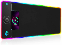 RGB Gaming Mauspad 15W Qi Mousepad LED, 10 Beleuchtungsmodi mit 15W Schnellladung Qi Kabelloses Laden für I-Phone Handy, Kopfhörer, Wasserdicht, rutschfest für Gaming, Schreibtische, PC und Büro Dark