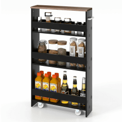 GIANTEX Nischenregal 13cm breit, Küchenregal Küchenschrank Küchenwagen schmal, Nischenschrank Nischenwagen auf Rollen, Badregal Rollwagen Holz 4 Etagen, Schmales Regal für Küche, 47,5 x 13 x 80,5 cm Schwarz+Braun
