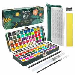Artecho Aquarellfarben Set 100 Farben in Tragbarer Box, Mit Pinsel und Aquarellpapier, Aquarell für Reisen, Wasserfarben für Künstler und Hobbymaler