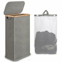 iEGrow Wäschekorb mit Deckel 60L, Wäschekorb Schmal mit herausnehmbarer und waschbarer Innentasche, Wäschesammler Bambus, faltbare Wäschekörbe für Waschküche, Schlafzimmer, Badezimmer (grau) 60L mit Deckel Grau