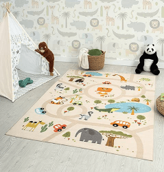 the carpet Happy Life Kinderzimmer, Kinderteppich, Spielteppich, Waschbar, Straßenteppich, Straße, Dschungel, Tiere, Auto, Beige, 200 x 200 cm Quadrat 200 x 200 cm Beige