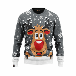 JAP Rudolf das Rentier Lustiger Hässlicher Weihnachtspullover Für Damen und Herren Ugly Christmas Sweater 4XL Grau