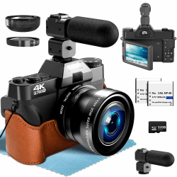 4K Digitalkamera mit Weitwinkel+Macro Linse,, 56MP Fotokamera mit 180° Flip 3.0" Bildschirm, 16X Autofokus Kompaktkamera mit 32G SD Karte& Zwei 1500mAh Batterien für Kinder Erwachsene Ältere Anfänger