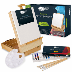 Artina 28tlg Malset Florenz im Malkoffer - Acrylfarben Set mit Kofferstaffelei - 18x 12ml Acrylfarbe, Keilrahmen, Pinsel & mehr - Premium Malset Staffelei aus Holz für Einsteiger & Hobbykünstler Braun