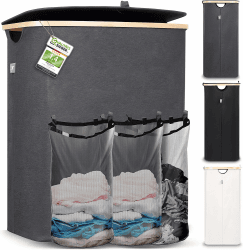 Hennez Wäschebox 150L - Wäschekorb 3 Fächer 60 cm Breit, Deckel - Wäschesortierer mit Wäschesack - Laundry Baskets - Wäschetonne - Wäsche Sortiersystem - Wäschesammler - Washing Basket - Grau Bambus 3) 150l Grau