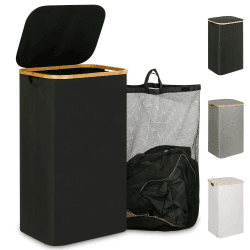 iEGrow 110L Wäschekorb mit Deckel, Großer Wäschesammler mit herausnehmbarem und waschbarem Innentasche, hohe Wäschekörbe für Wäsche mit Bambusgriffen (Schwarz) 110L Schwarz