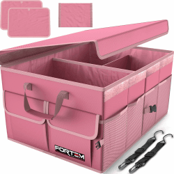 FORTEM Kofferraum Organizer, Kofferraumtasche, Zusammenklappbarer Auto Organizer Kofferraum mit Fächern, Rutschfester Boden, Verstellbare Sicherungsriemen, Klappbarer Deckel (Rosa, Größe L) Rosa Groß