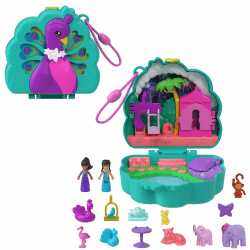 Polly Pocket-Puppen und Spielset, Peacock Garden-Schatulle, Reisespielzeug mit 2 kleinen Puppen und Tieren, Zubehörteile für Tiere, HWN97