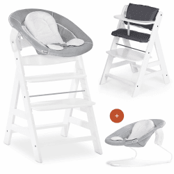 hauck Hochstuhl Alpha Plus Newborn Set mit 2in1 Bouncer - Mitwachsender Holz Babyhochstuhl ab Geburt, inkl. Sitzauflage & Neugeborenenaufsatz - Weiß Classic Weiß