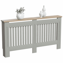 Vida Designs Arlington Heizkörper-Abdeckung, moderner, grau-lackierter Schrank aus mitteldichter Faserplatte, Lamellen, Rillen, obere Regalplatte aus Holz, groß