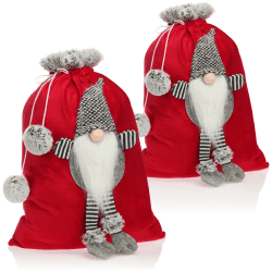 com-four® 2X Premium Weihnachtssack - roter Geschenkesack zum Befüllen - Weihnachtsbeutel mit Bommeln & Wichtel als Dekoration und tolle Geschenkverpackung 1 stück (2er Pack) 2 Stück Mittelgroß mit Wichtel