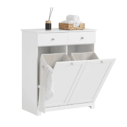 SoBuy BZR33-W Wäscheschrank mit 2 ausklappbaren Wäschesäcken Wäschetruhe Wäschesammler mit 2 Schubladen Wäschekorb Badschrank Badmöbel weiß BHT ca: 78x90x38cm Weiß 2 Wäschesäcke