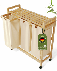AMBIAVO® Wäschekorb 3 Fächer mit Rollen [beige, 100% Baumwolle, Bambus, 90 l Volumen] | Wäschesammler für Schmutzwäsche| Wäsche Sortiersystem | Wäschesortierer Holz | Wäschebox | laundry baskets mit Rollen Beige
