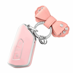 OFF WE GO Autoschlüssel Hülle mit Schlüsselanhänger Schlüsselhülle Cover für VW Golf 8 Seat Leon MK4 Tarraco Ateca Skoda Octavia Cupra 3 Tasten TPU Auto Schlüssel Hülle Schlüsselgehäuse, Rosa Silber