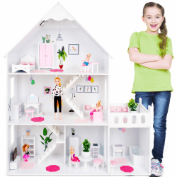 Green series Puppenhaus Holz Groß - Hölzernes Barbie , Version mit rosa Zubehör, 57 Zubehörteile enthalten, Barbiehauser , Modell GS0023B, LED-Licht (Premium)
