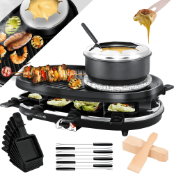 KESSER® 3in1 Raclette-Grill mit Naturgrillstein, Grillplatte und Fondue, Tischgrill für 8 Personen, Elektrogrill Raclette Grill antihaftbeschichteter Grillplatte, 8 Pfannen und Holzspatel inkl. Fondue