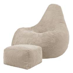 Icon Sitzsack „Dalton“ mit Hocker, Beige, Cord, Groß, Sitzsäcke für das Wohnzimmer, Schlafzimmer, Sitzsack-Sessel für Erwachsene Beige Sitzsack + Hocker