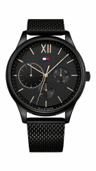 Tommy Hilfiger Herren-Multifunktions-Quarzuhr mit 44 mm - Schwarzes Zifferblatt mit Clou de Paris Muster, Schwarzes Edelstahl-Mesharmband mit Ionenplattierung (IP), Wasserbeständig bis 5ATM - 1791420