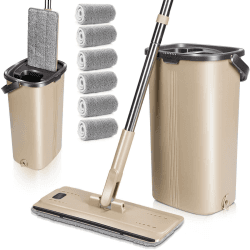 MASTERTOP Wischmopp Set mit Eimer, 2 in 1 Bodenwischer mit 138cm Edelstahlgriff und 6 Mikrofaser Moppkopf, Hand-Frei Wischmop & Putzeimer mit auswringfunktion für Hartholz Laminat Fliesen(Beige) Wischmopp Set mit Eimer: Beige