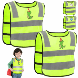 YOUYIKE 2 Stück Leichte Warnwesten Kinder, V-Form Signalkragen, Sicherheitsweste, Kinder Reflektorweste Gelb, Stark Reflektierende Sicherheitsweste Kinder, für Sport, Laufen, Fahrrad Square dinosaur