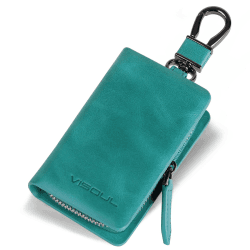 VISOUL Echt Leder Autoschlüssel Abdeckung Schlüsseltasche Auto-Schlüssel-Anhänger Antik Vintage Schwarz Karabienerhacken Tasche Reißverschluss See Blau