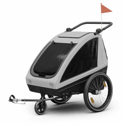 Klarfit GoKiddo Fahrradanhänger 2 Kinder - 2-in-1 Fahrradanhänger & Buggy mit Bremsen, Sicherheitsgurten, Verstellbaren Sitzen, 40kg Kapazität, Regen- & UV-Schutz, Zusammenklappbar, Hellgrau