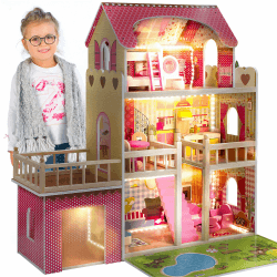 Green series Kinderplay Puppenhaus Holz Groß | Puppenvilla - Traumvilla | Kinder Dollhouse | Led - Licht und Zubehör | Set 90 cm Hoch mit Terrasse, Garage | Puppenhaus ab 2 Jahre | GS0020