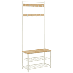 VASAGLE Garderobenständer, Kleiderständer mit Schuhablagen, Schuhregal mit Sitzfläche, für Flur, mit Haken, 3 Ablagen, aus Metall, Höhe 177 cm, modern, eichenfarben-weiß HSR041W09 70B cm Eichenfarben + Weiß​