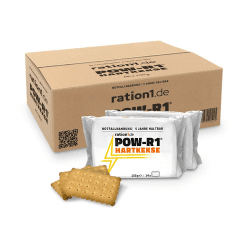 Abgepackte Kekse, 60er Pack, ration1 POW-R1® Hartkekse (Panzerplatten Bundeswehr), 14 knusprige Kekse pro Packung (155g), 60x 155g, Butterkeks Geschmack, 5 Jahre haltbar, für Outdoor, Camping, Wandern