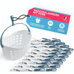 culiclean Wäscheklammern stabil ohne Abdruck Soft Clips mit Wäscheklammernkorb 40 Stück mit Wäscheklammernkorb/blau weiß weiß blau Korb weiß Henkel blau Korb statt Beutel Einheitsgröße 40 Stück Blau-weiss mit Korb Weiss und Henkel Blau