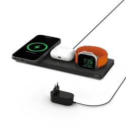 Belkin MagSafe drahtloses 3-in-1-Ladegerät, MFi-zertifiziertes Ladepad, MagSafe Ladestation für die iPhone 16, iPhone 15, 14, 13 und 12-Serie, Apple Watch 10/9/8/7/Ultra und älter, AirPods 3, 2, Pro 3-in-1-Ladegerät Schwarz ohne Handyhülle