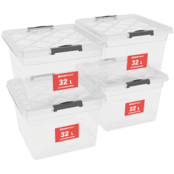 ATHLON TOOLS 4x 32 L Aufbewahrungsboxen mit Deckel, lebensmittelecht - Verschlussclips - 100% Neumaterial Plastik-Box transparent - Kleiderboxen stapelbar… 32 L | 4er-Set Transparent