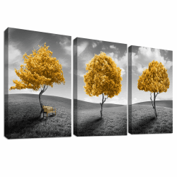 3 Pcs Gelber Lebensbaum Mit Rahmen Leinwand Bilder Abstrakter Herbstbaum Bild auf Leinwand Malerei Poster Wandbilder Wanddeko Wohnzimmer Schlafzimmer Badezimmer Dekorationen 150x70cm (20"x28"x3) Gelber Lebensbaum 50x70cmx3