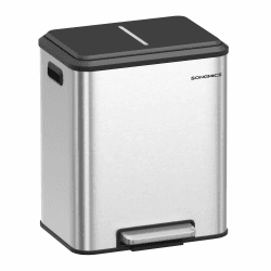 SONGMICS Mülleimer Küche, Mülltrennsystem 2 x 15 L, 2 Fächer für Recycling und Restmüll, Abfalleimer, Inneneimer, Stahl, Softclose-Deckel, breites robustes Pedal, metallicsilber LTB544E01