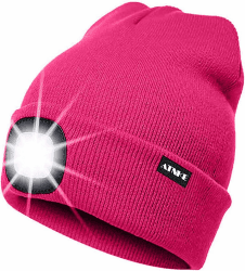 ATNKE LED Beleuchtete Mütze,Wiederaufladbare USB Laufmütze mit Licht Extrem Heller 4 LED Lampe Winter Warme Stirnlampe für Herren und Damen Geschenke Einheitsgröße Rose Rot