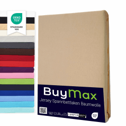 Buymax Spannbettlaken 180x200cm Baumwolle 100% Spannbetttuch Bettlaken Jersey, Matratzenhöhe bis 25 cm, Farbe Sand 180x200x30 cm Sand 1