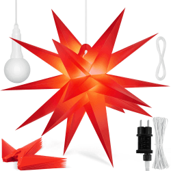 KESSER® 60cm Leuchtstern 3D, LED Weihnachtsstern mit Timer für innen und außen, Adventsstern Beleuchtet hängend Rot Stern + Warmweiß Licht Rot - mit Timer 60cm