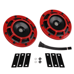 Auto Hupe 12 Volt Hochton/Niedriger Ton Doppelhorn Kit mit Rot Schutzgitter Metall Twin Horns Kit für Auto Motorrad, Rot Set Hoch/Tiefton