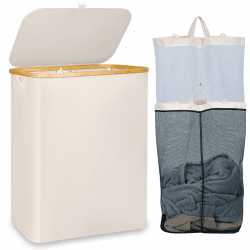 iEGrow Wäschekorb150L XL-Extra Groß 2 Fächer Wäschesammler mit Bambusgriff und Deckel, Laundry Baskets, Wäschekörbe für Waschküche, Schlafzimmer, Badezimmer (Beige) 150L 2 Fächer Beige
